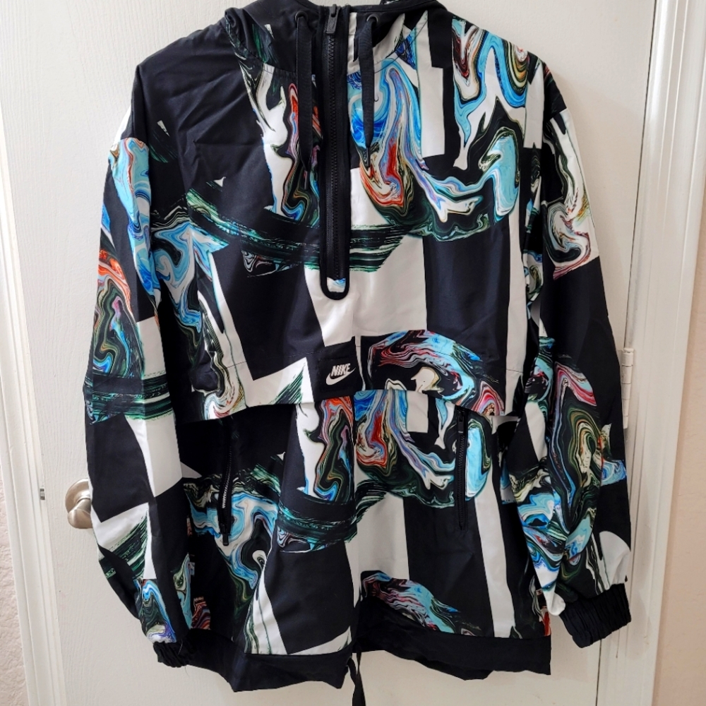 Nike Women's Black/Multi Marble-Print Half-Zip Hooded Jacket